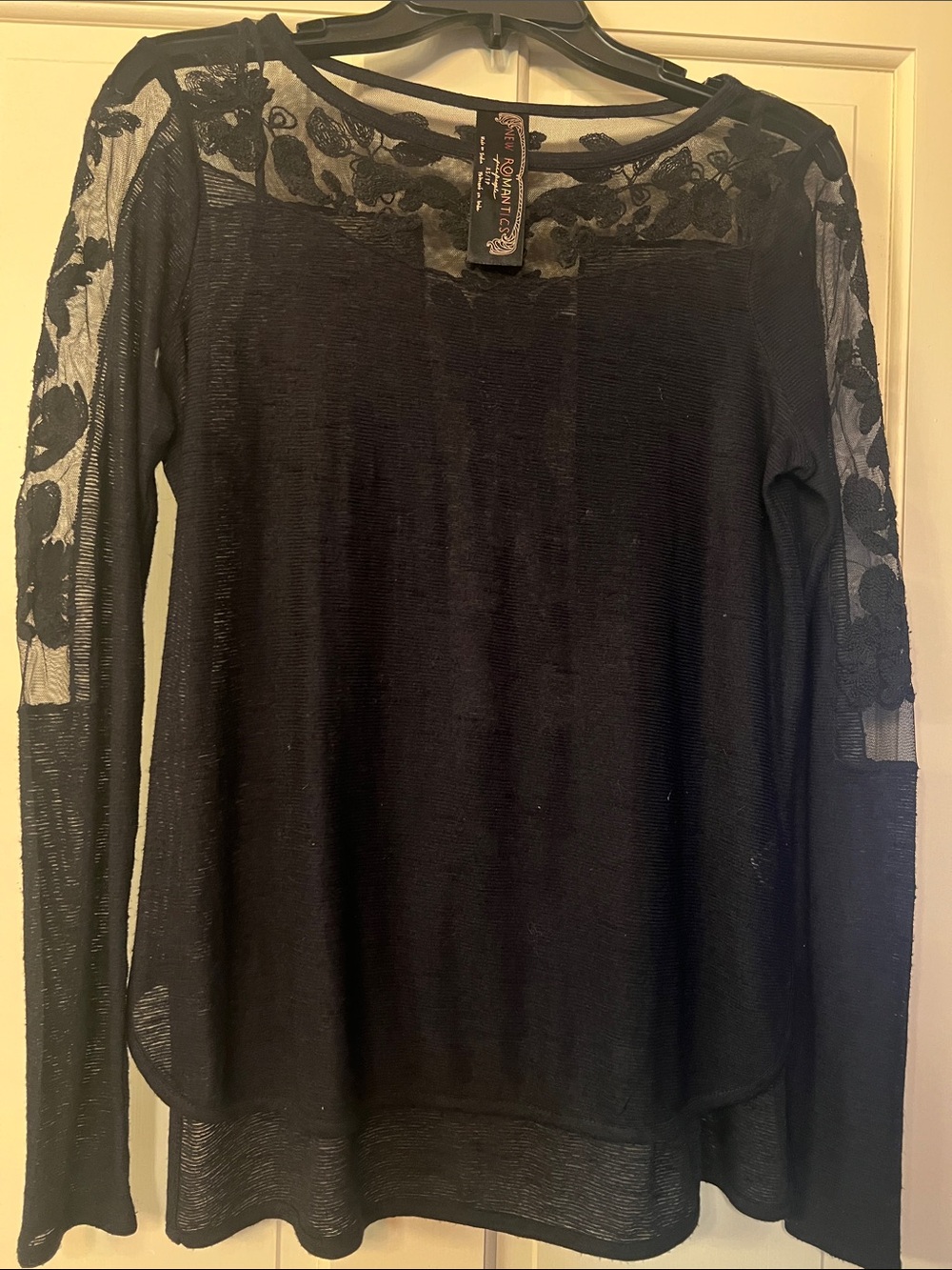 Free People Black Lace-Panel Long Sleeve Top XS
